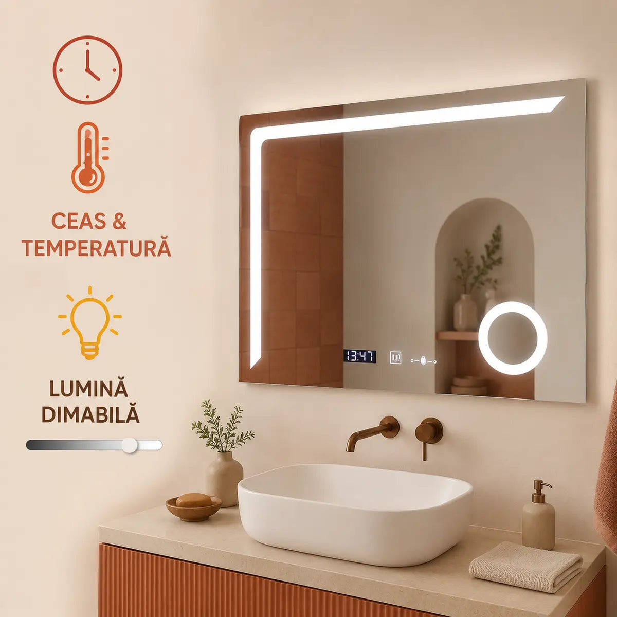 Oglindă LED Precision – ceas, temperatură și lumină dimabilă