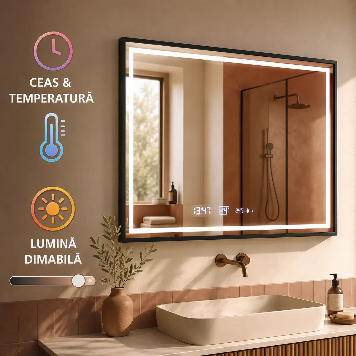 Oglindă LED Raggio – ceas, temperatură și lumină dimabilă