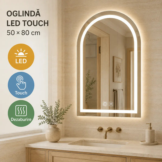 Oglindă LED arcuită 50x80 cm – prezentare premium