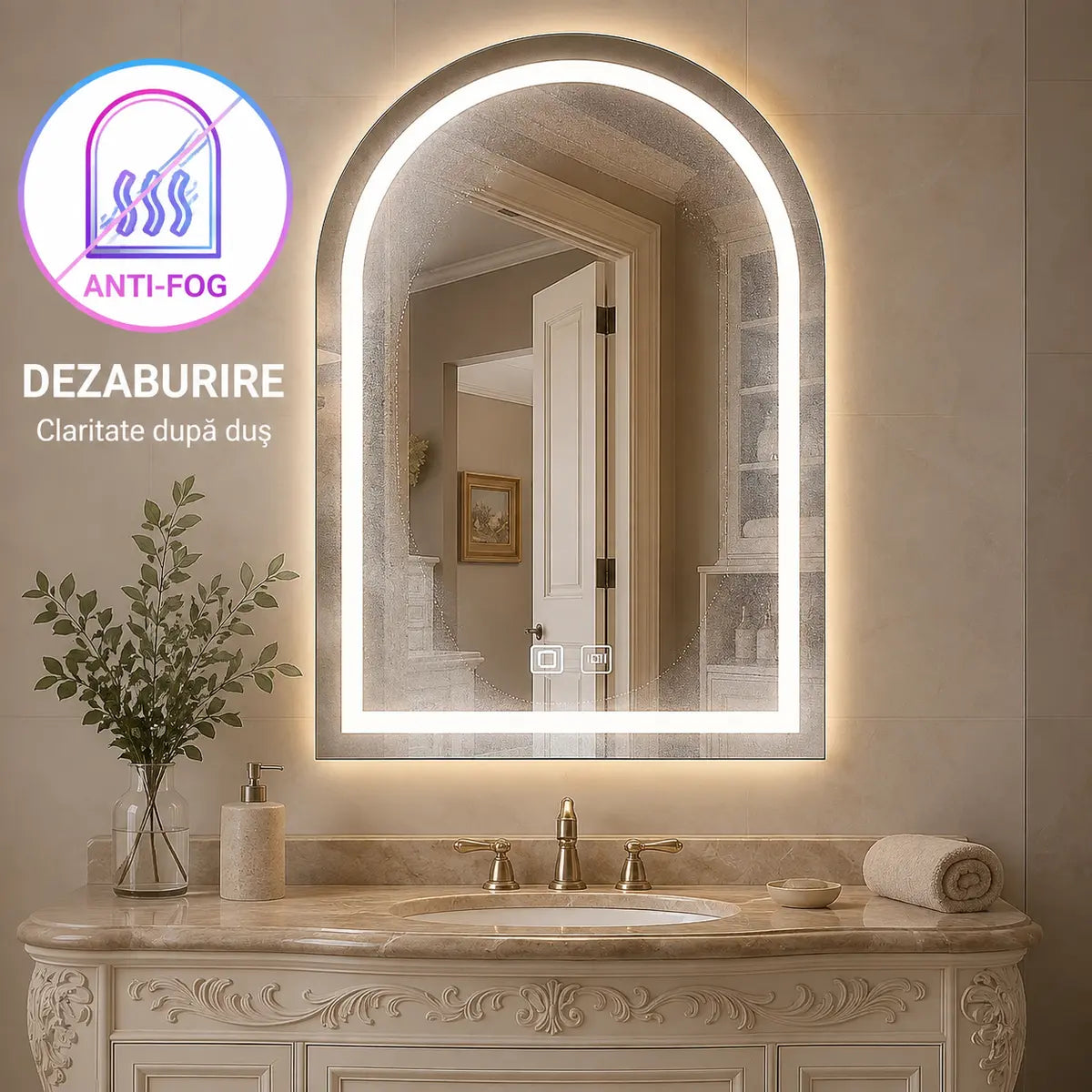 Oglindă LED arcuită – funcție de dezaburire