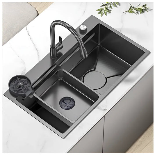 Set Chiuveta Bucatarie Inox cu Baterie Dubla, Cuva Universala cu Dop Scurgere, Spalator Pahare, Negru Grafit, 75x45X21cm