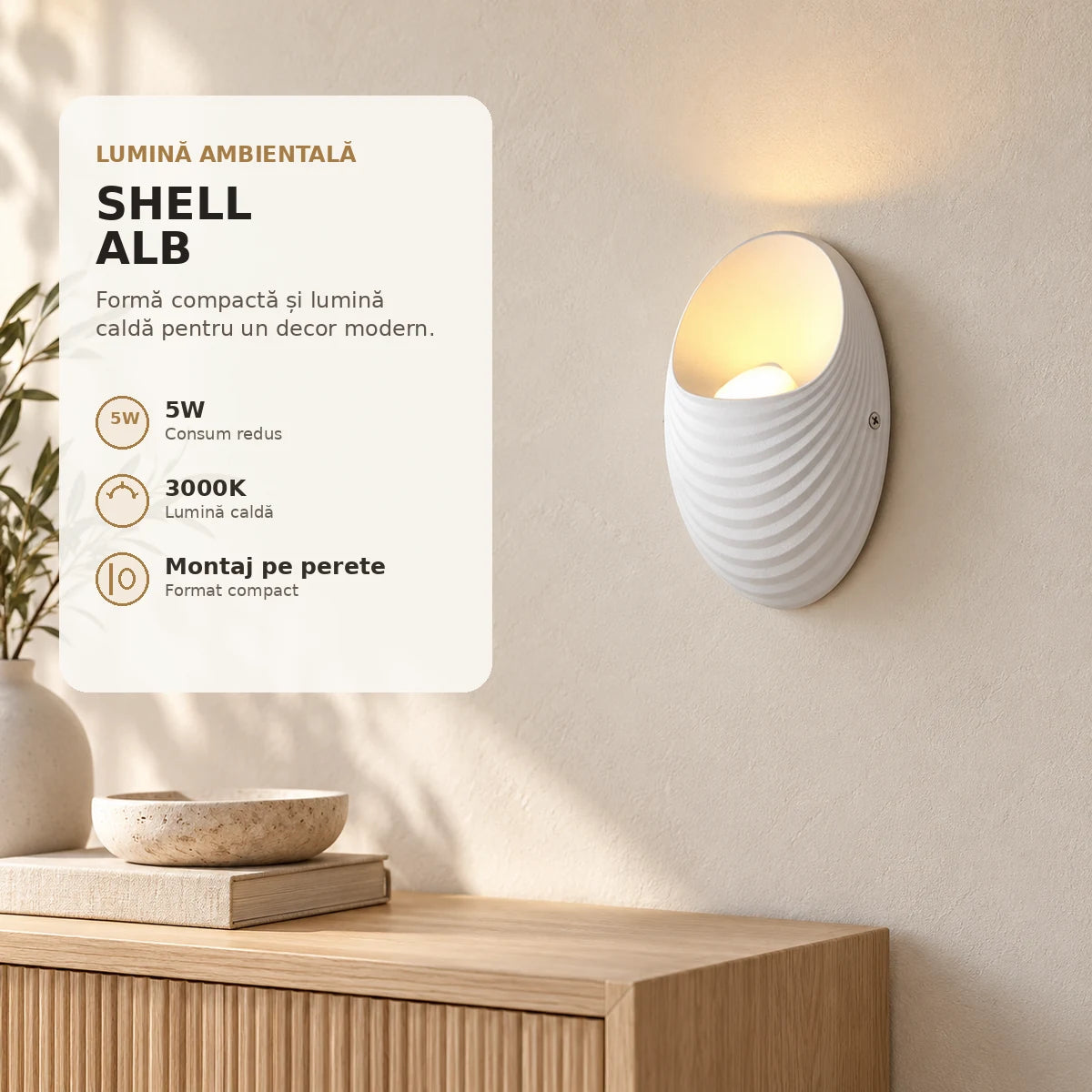 Shell alb 5W 3000K - aplica decorativa premium