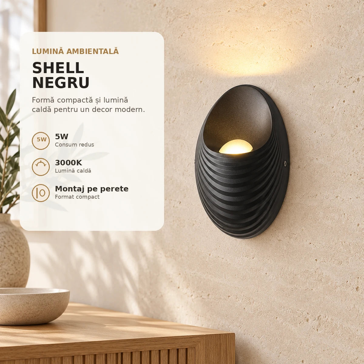 Shell negru 5W 3000K - aplica decorativa premium