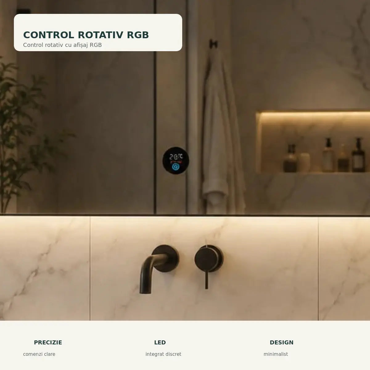 Oglinda LED SLUPSK - detaliu control rotativ cu afisaj RGB