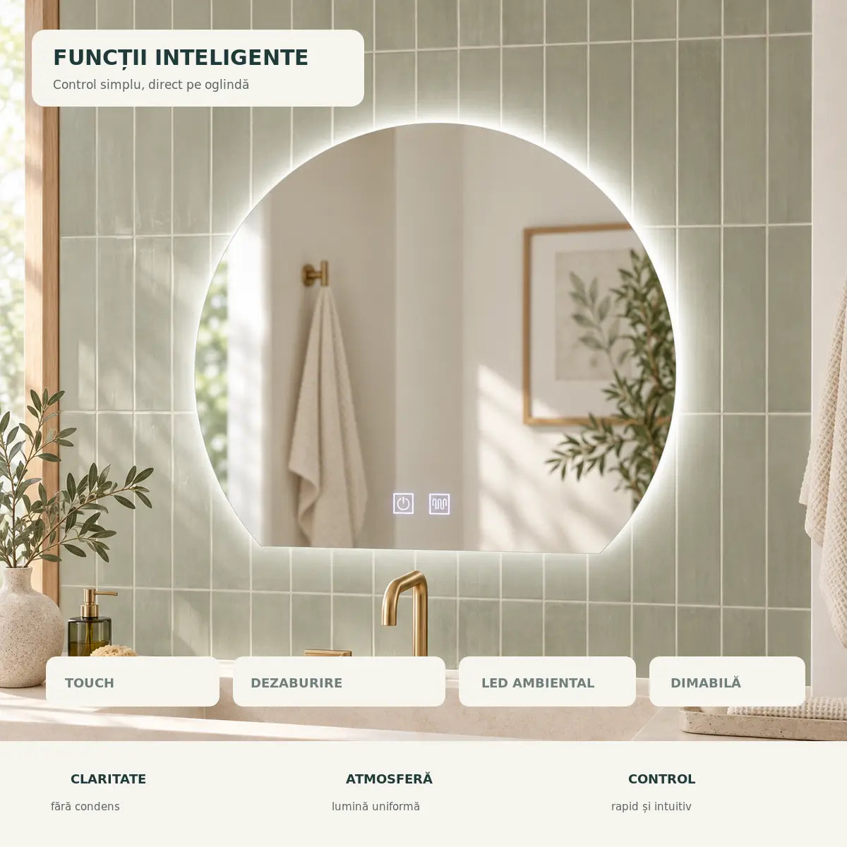 Oglinda LED Soluna - touch dezaburire LED si lumina dimabila