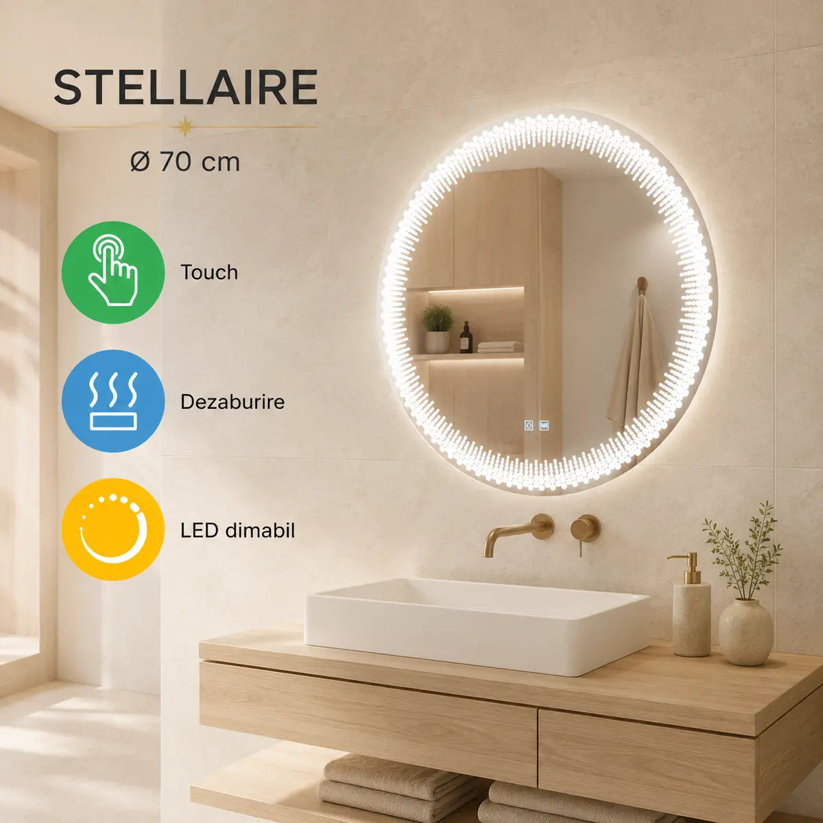 Oglindă LED Stellaire 70 cm – prezentare premium