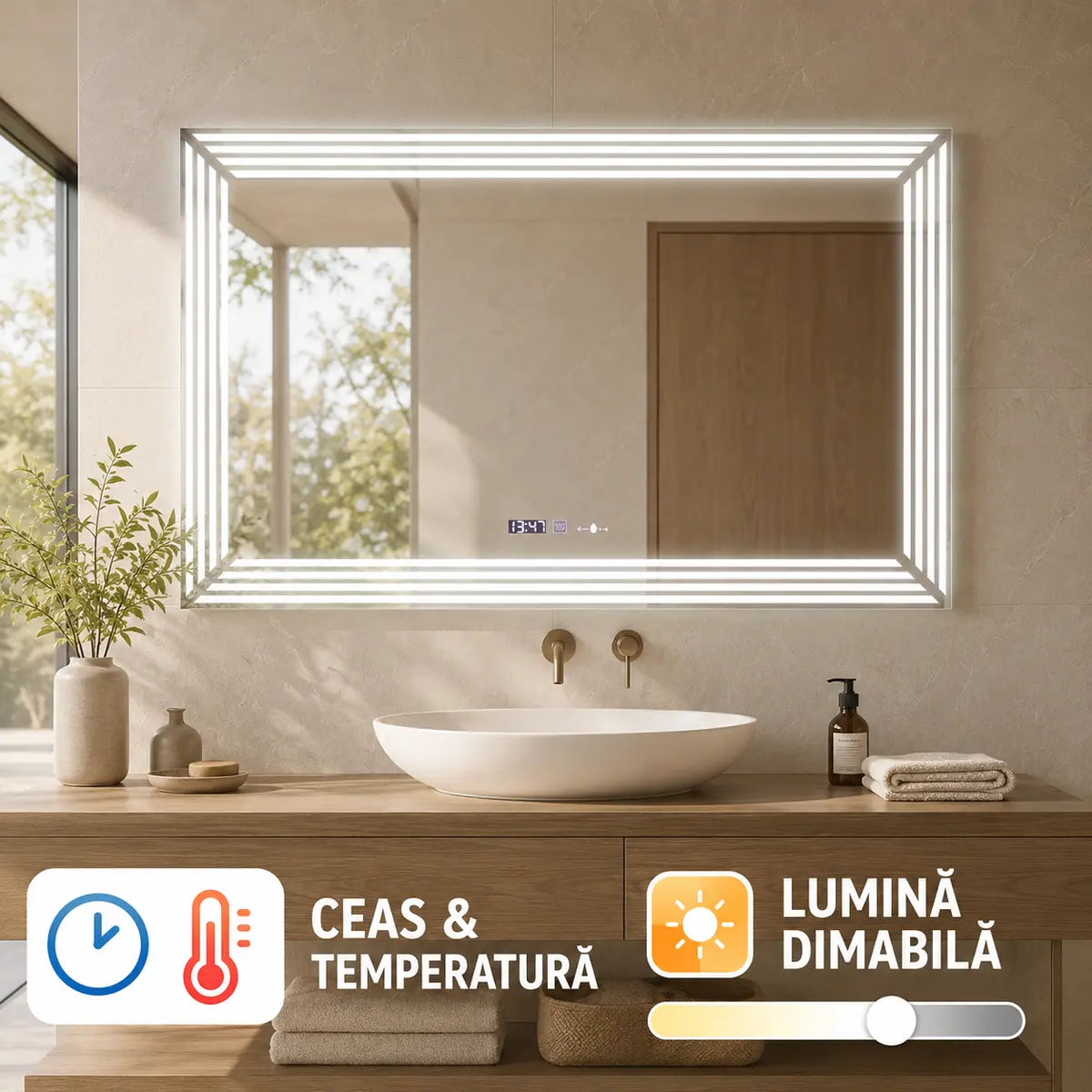 Oglindă LED Venezia – ceas, temperatură și lumină dimabilă
