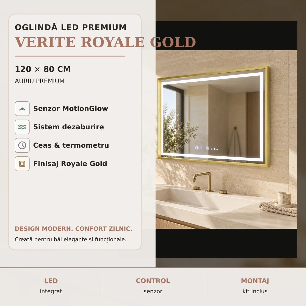 Oglinda LED Verite Royale Gold 120x80 cm - imagine principala