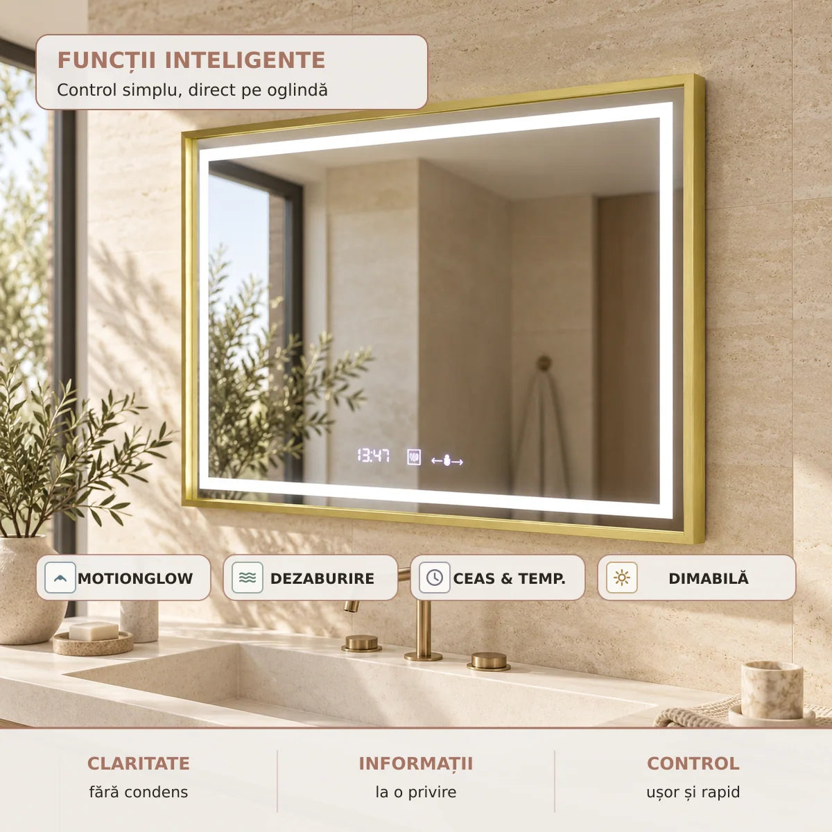 Oglinda LED Verite Royale Gold - senzor dezaburire ceas si lumina dimabila