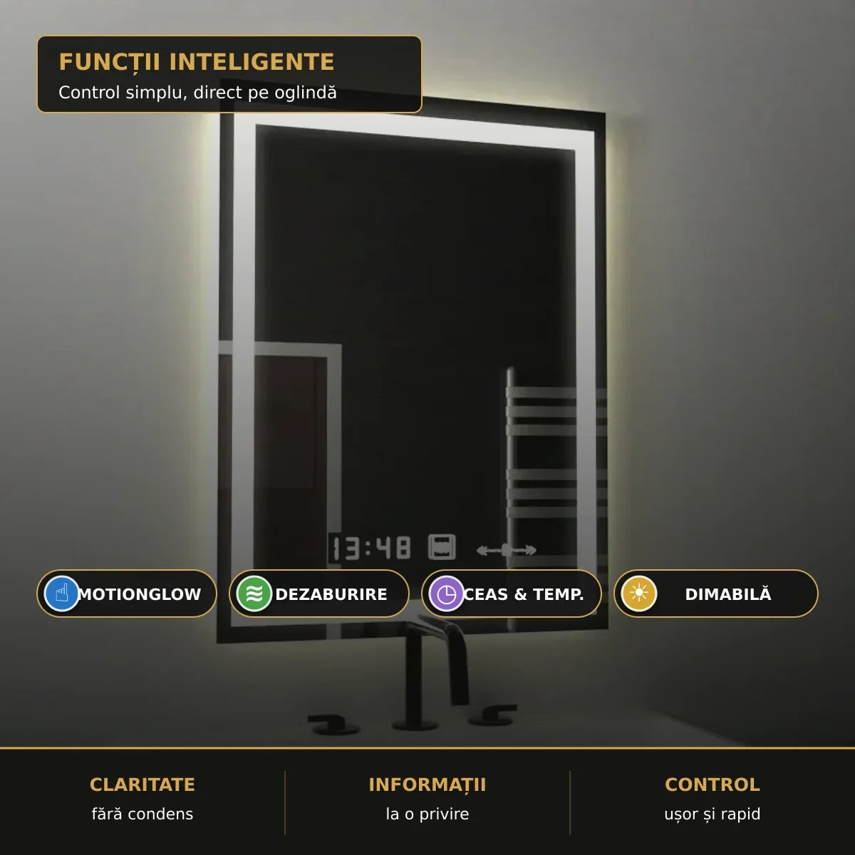 Oglindă LED Verite 45x60 cm – funcții