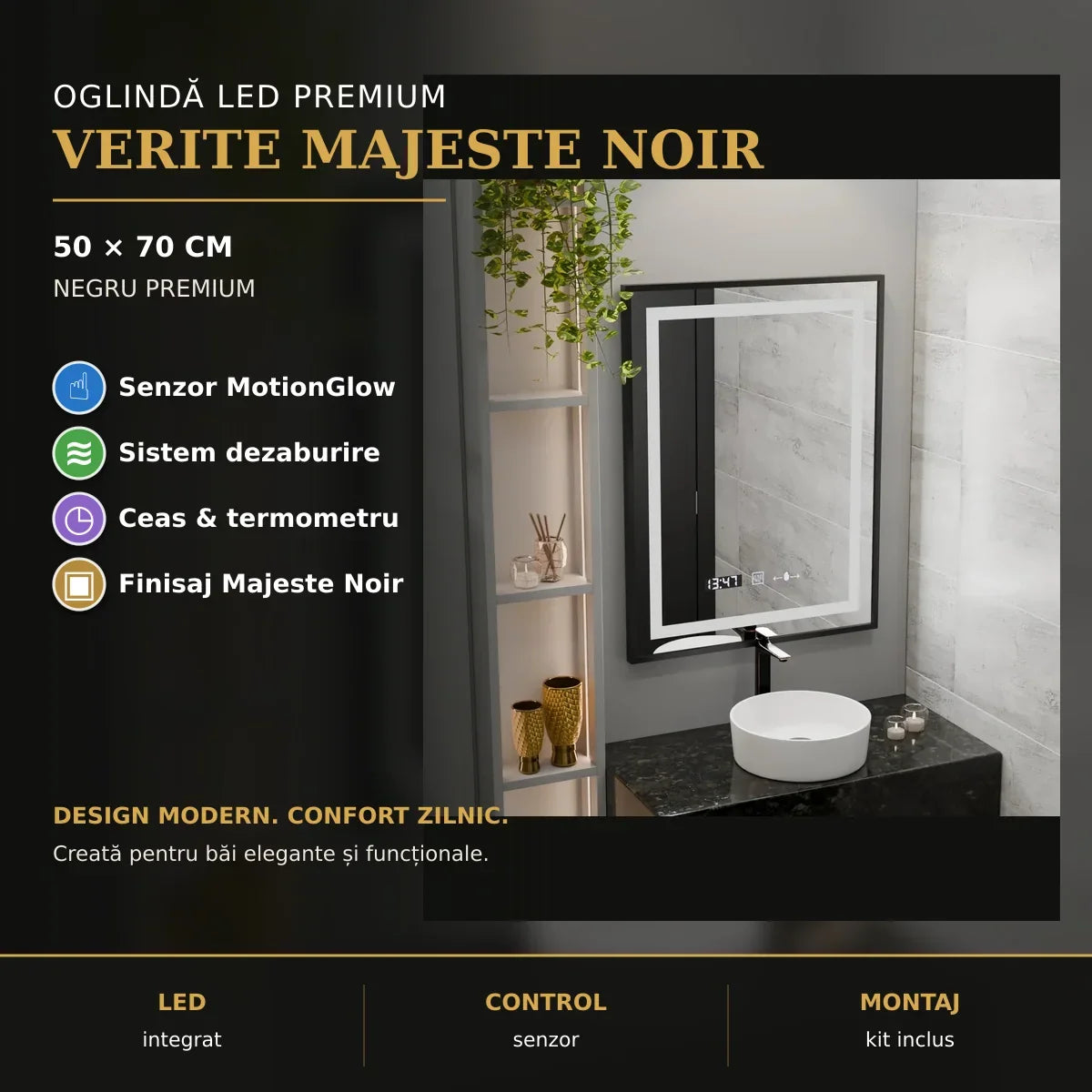 Oglindă LED Verite Majeste Noir 50x70 cm – prezentare premium