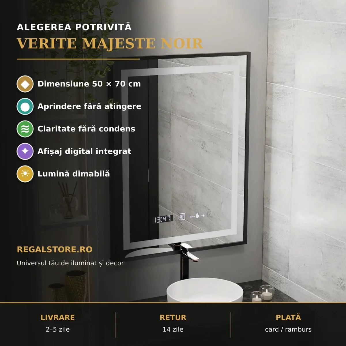Oglindă LED Verite Majeste Noir 50x70 cm – beneficii