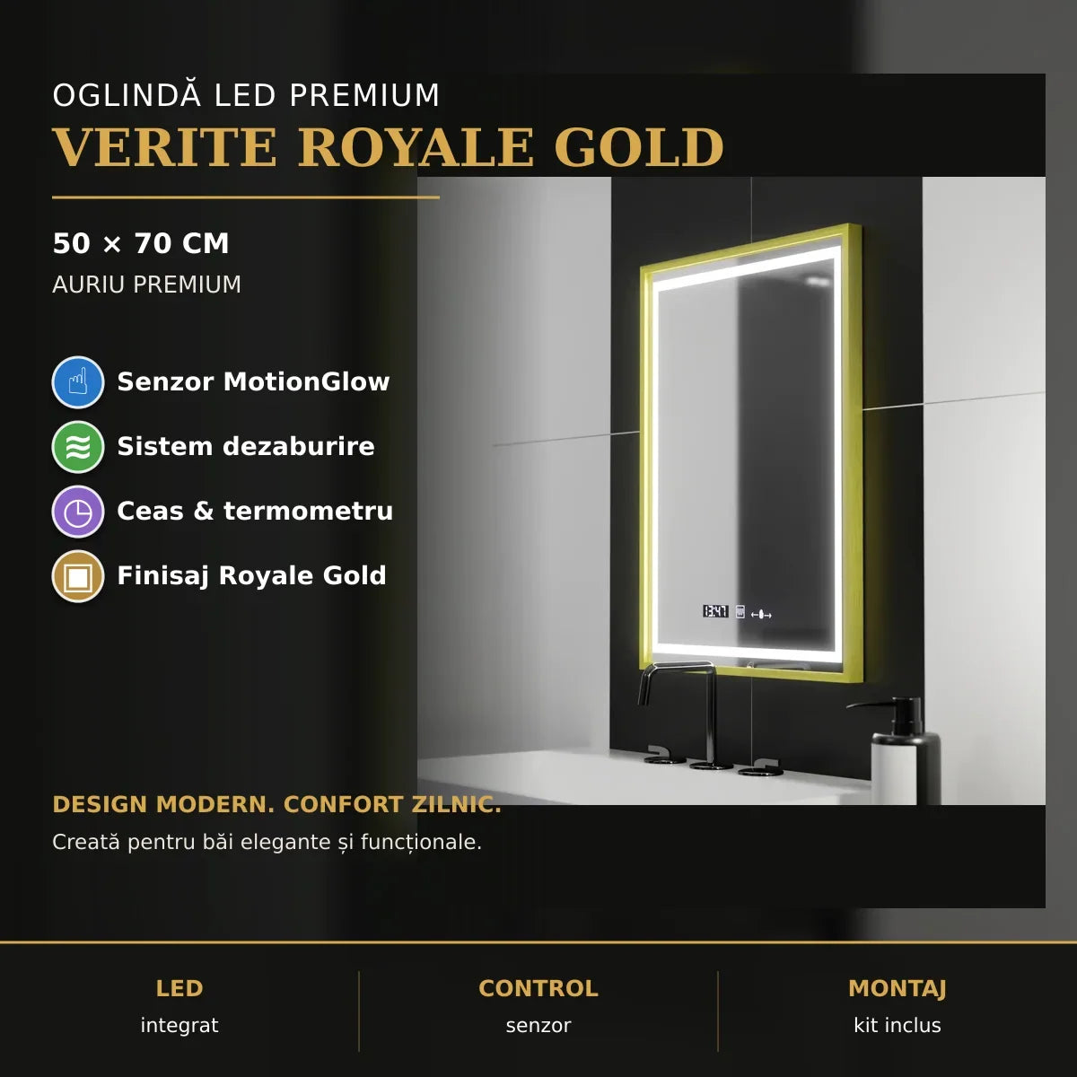 Oglindă LED Verite Royale Gold 50x70 cm – prezentare premium