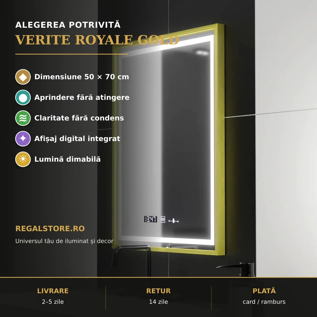 Oglindă LED Verite Royale Gold 50x70 cm – beneficii