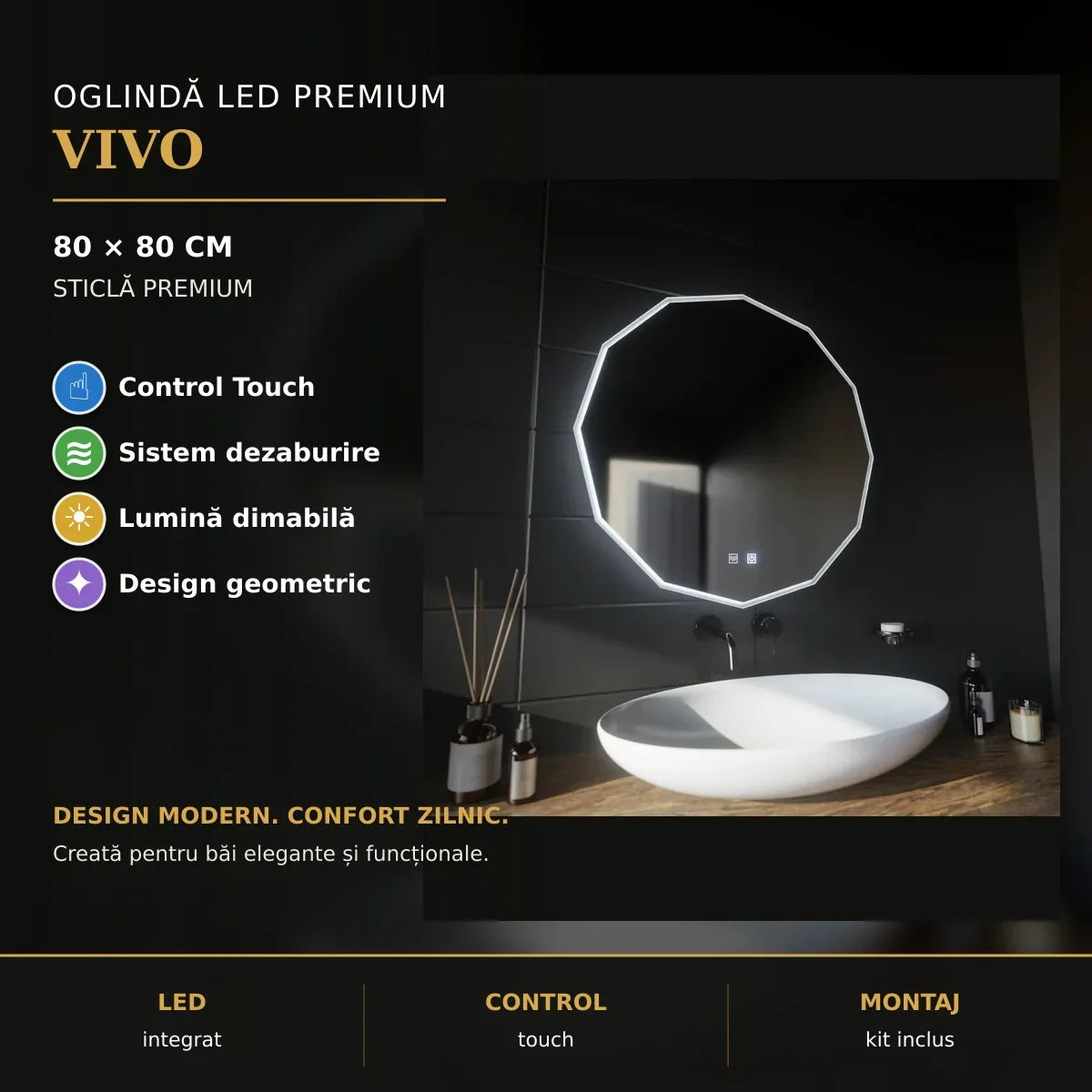 Oglindă LED VIVO 80 cm – prezentare premium