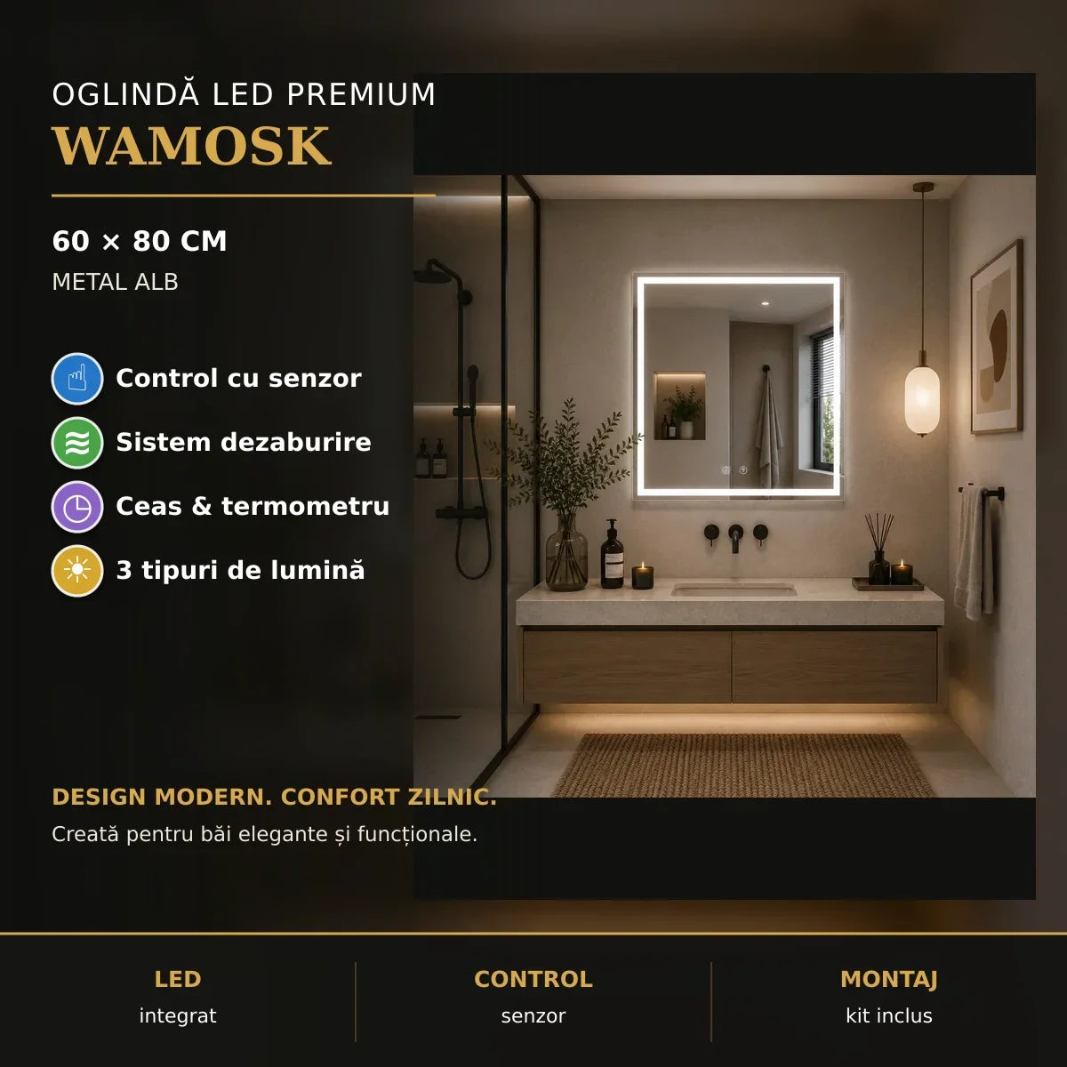 Oglindă LED Wamosk 60x80 cm – prezentare premium