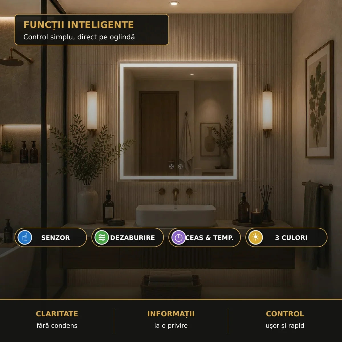 Oglindă LED Wamosk Gold 90x70 cm – funcții
