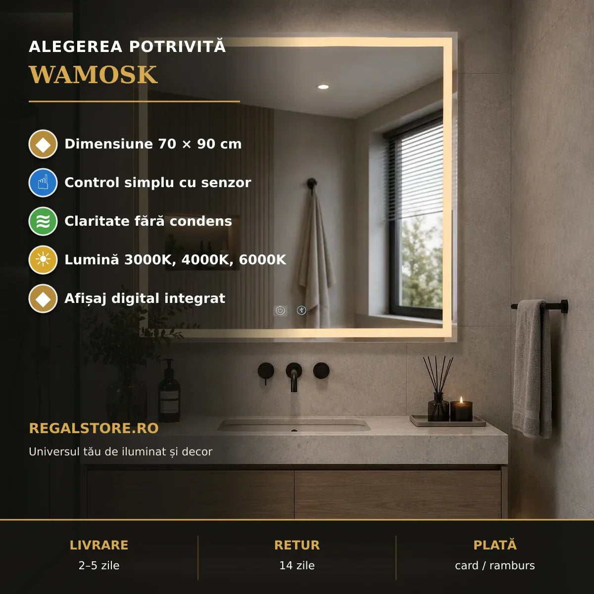 Oglindă LED Wamosk Gold 90x70 cm – beneficii