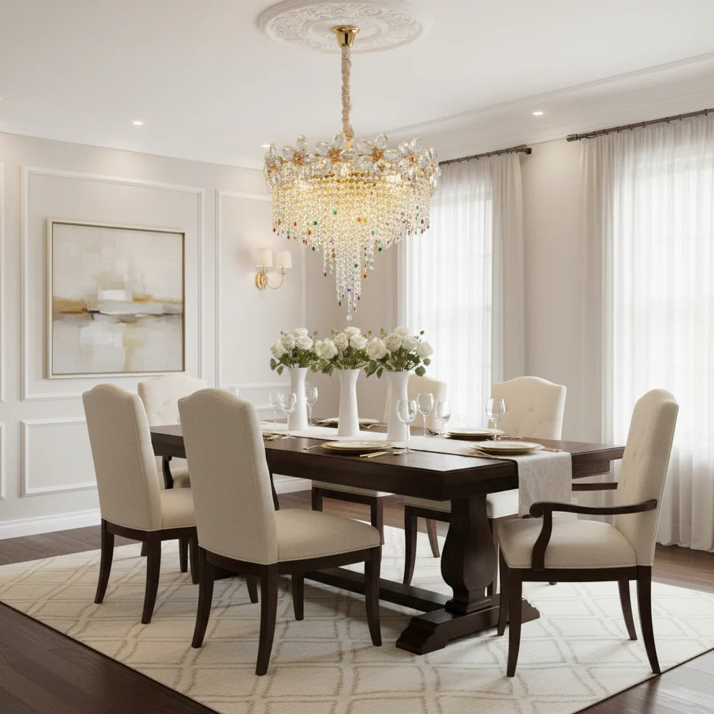 Candelabru Cristal BLOSSOM Magno,8xE14, 60cm, Auriu Lucios, Inaltime Reglabila, Metal si Cristal