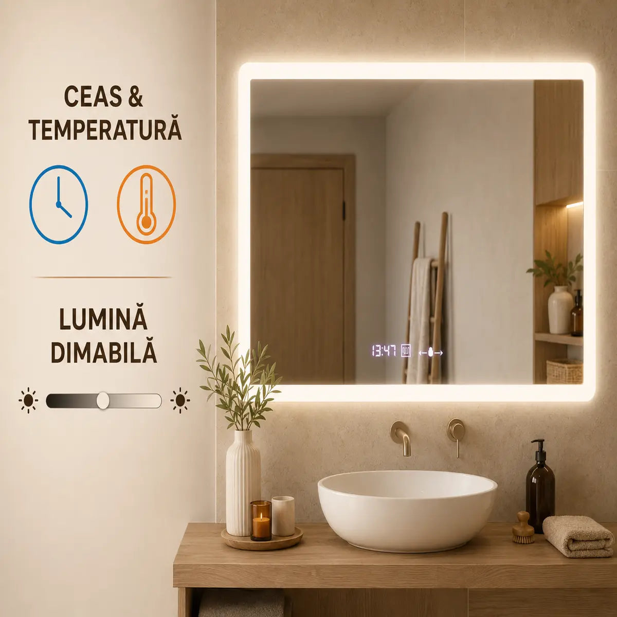 Oglindă LED Zampa – ceas, temperatură și lumină dimabilă
