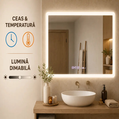 Oglindă LED Zampa – ceas, temperatură și lumină dimabilă